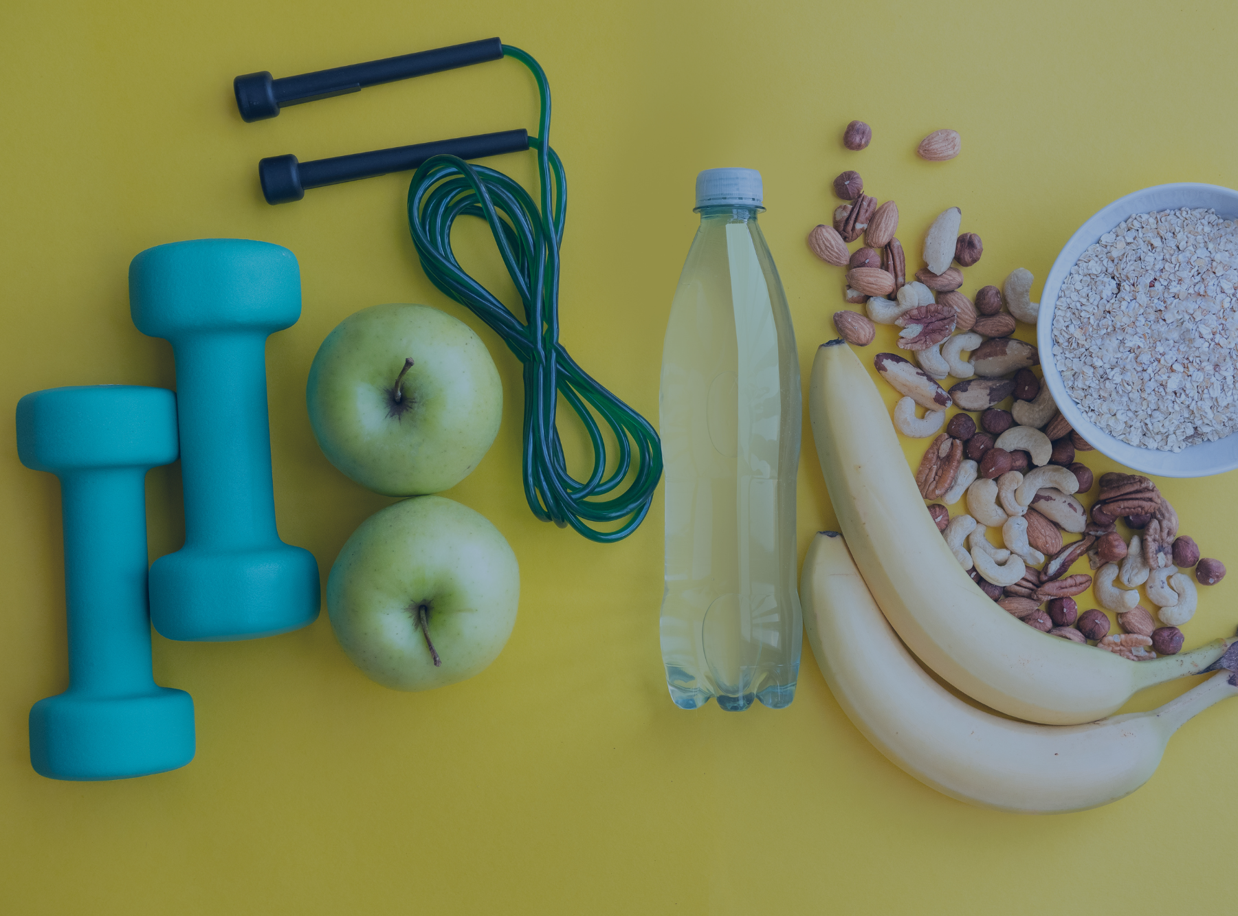exercise equipment and healthy foods on a yellow background